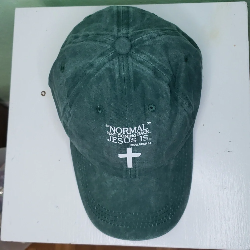 women's NORMAL ISN'T COMING BACK, JESUS IS green soft ball cap